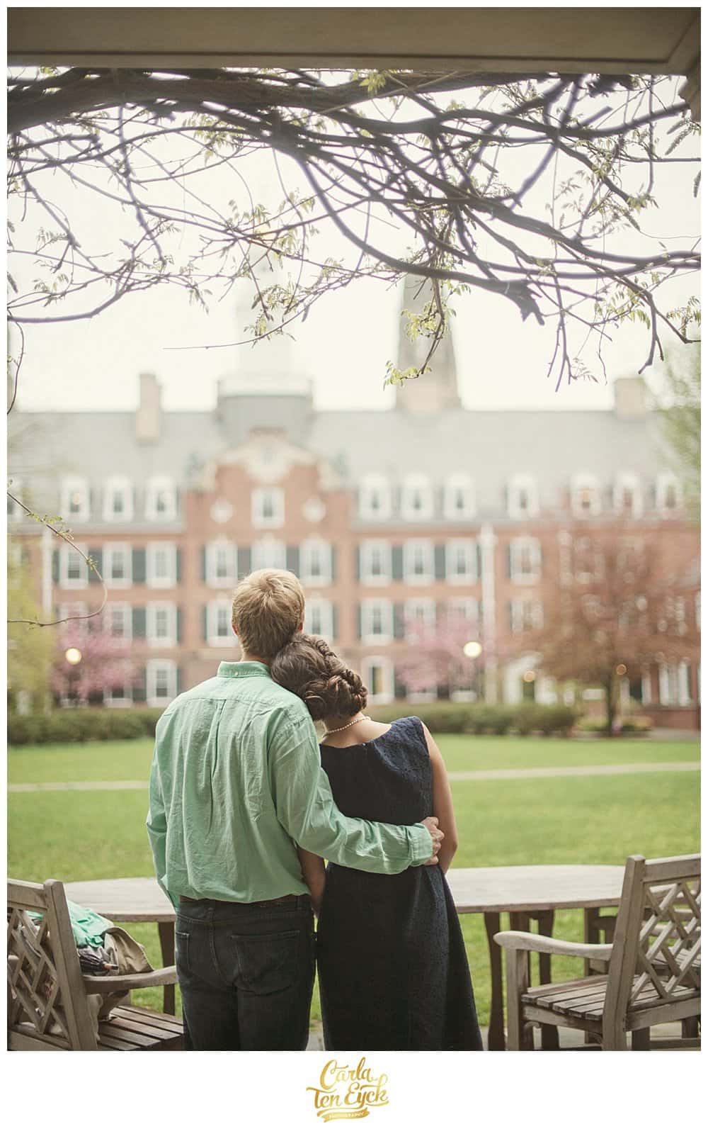An engaged couple during their engagement session on the Yale campus in New Haven CT