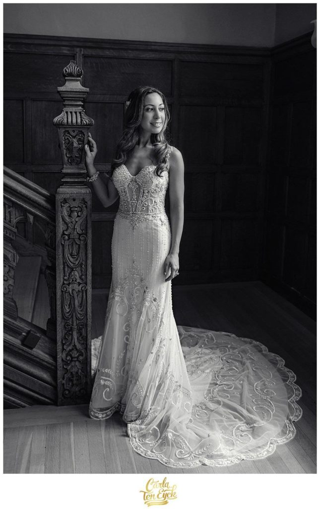 Bride in Eve of Milady beaded wedding gown at Mansion at Turner Hill Wedding Ipswich MA