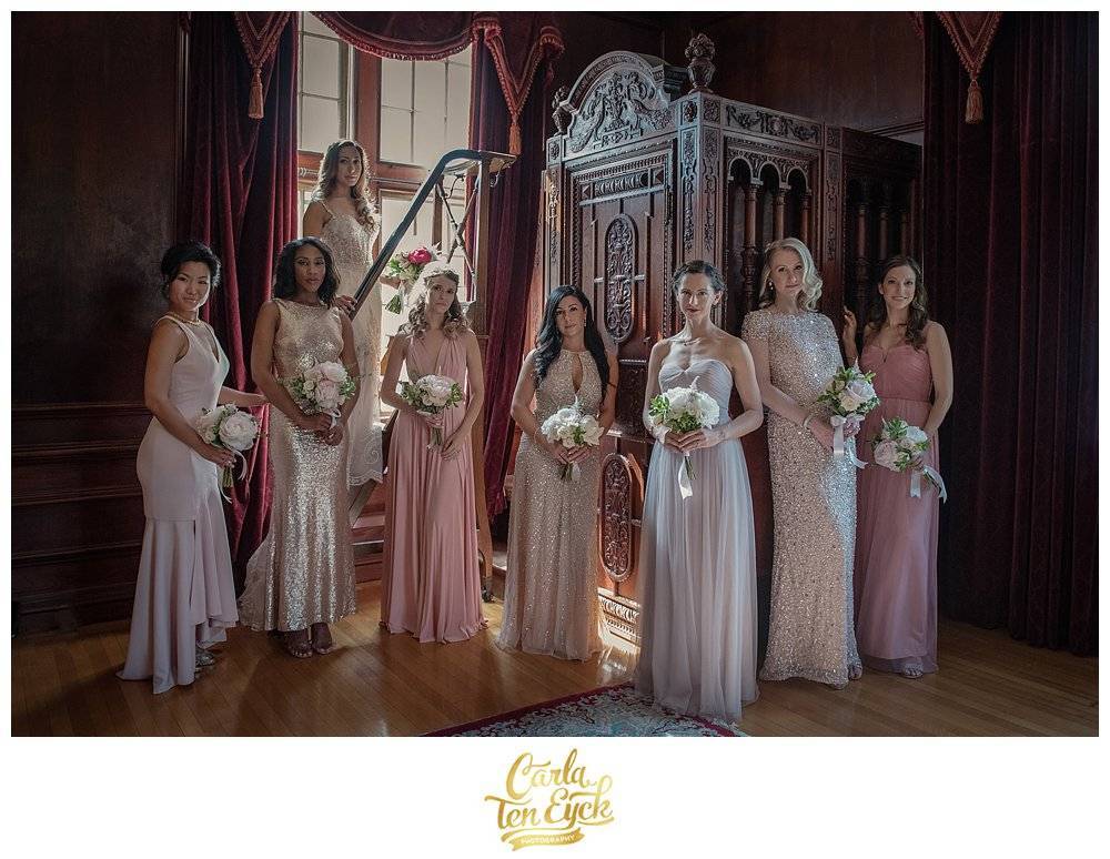 Wedding party in pinks and champagne sequins at Mansion at Turner Hill Ipswich MA