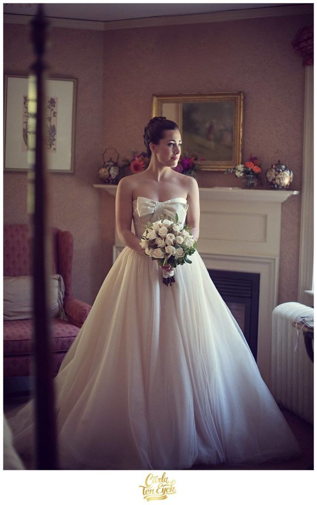 A bride in her Vera Wang wedding gown at the Bee and Thistle Inn in Old Lyme CT