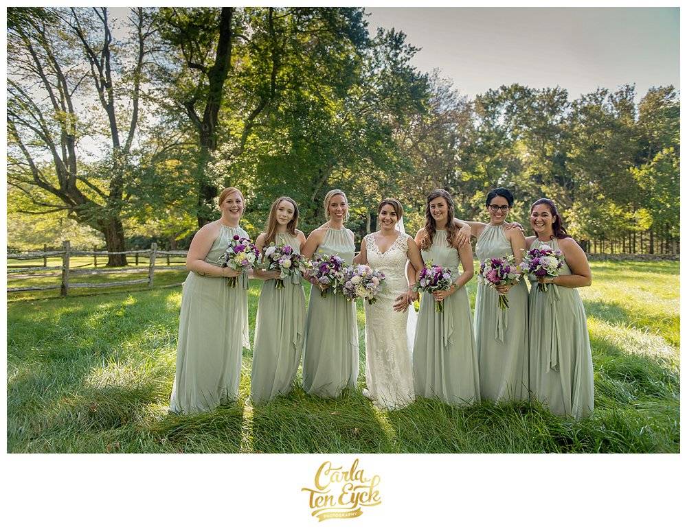 Soft green bridesmaids dresses by After Six and Dessy at a wedding at Tyrone Farm, Pomfret CT