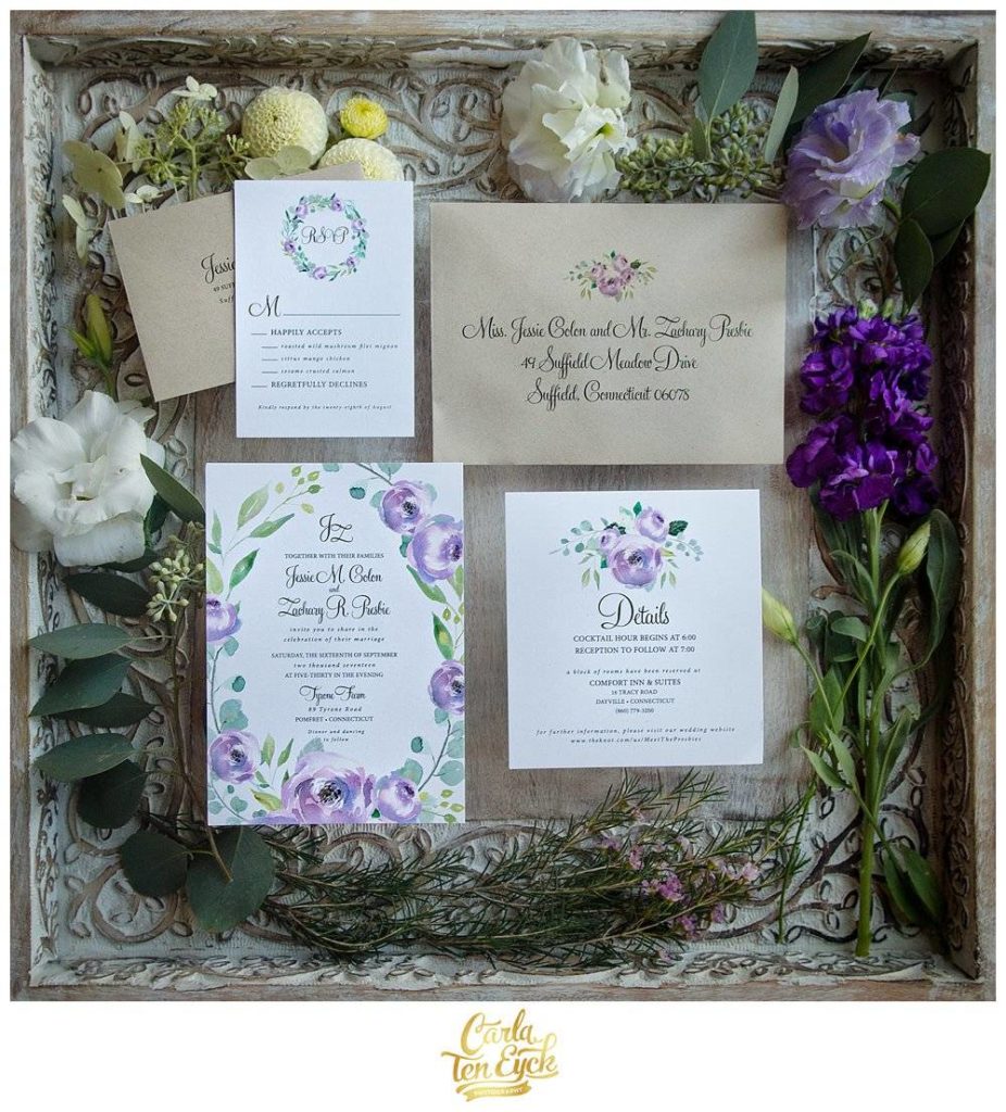 Purple wedding paper invitation suite made By Invitation Only, Tyrone Farm Pomfret CT