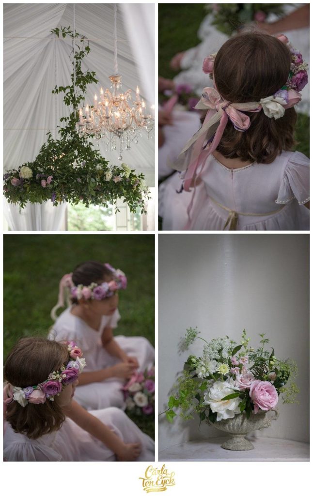 Flower girls with floral crowns and floral chandelier by Carrie Wilcox Floral Design, Fairfield CT