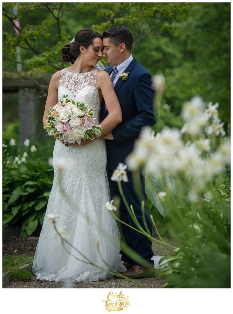Bride in Maggie Sottero lace wedding gown at Tyrone Farm, Pomfret CT