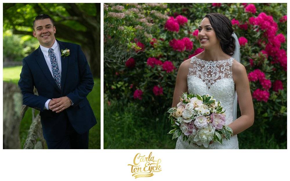 Groom in J Crew suit and bride in lace Maggie Sottero wedding gown at Tyrone Farm, Pomfret CT