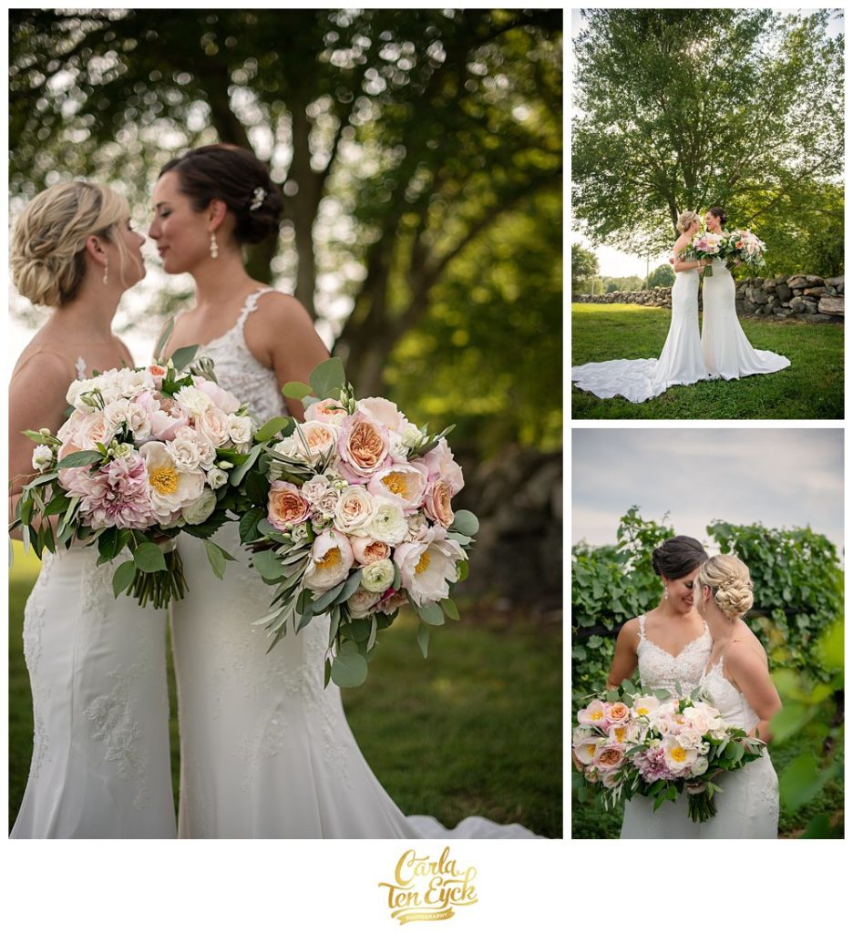 Soft pink peony, garden roses, dahlia wedding bouquet by Hana Floral held by two brides at Jonathan Edwards Winery