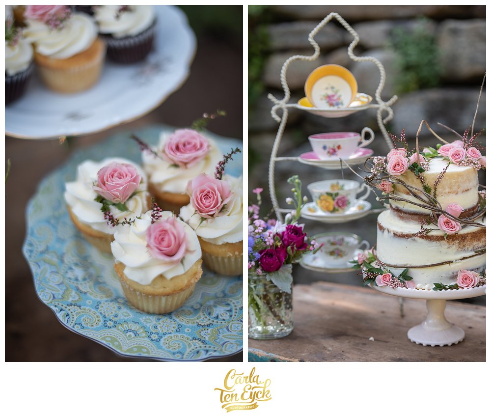 Pink rose cupcakes by A Little Something Cakes at a styled shoot at Smith Farm Gardens in East Haddam CT