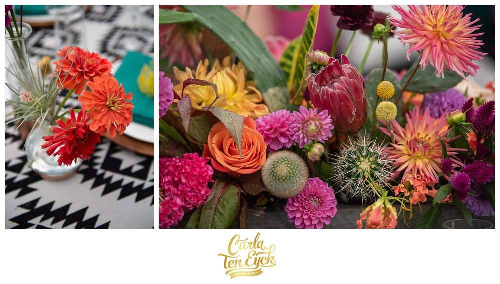 Colorful wedding flowers with cactus, protea zinnia dahlia roses by Carrie Wilcox Floral Design Fairfield CT