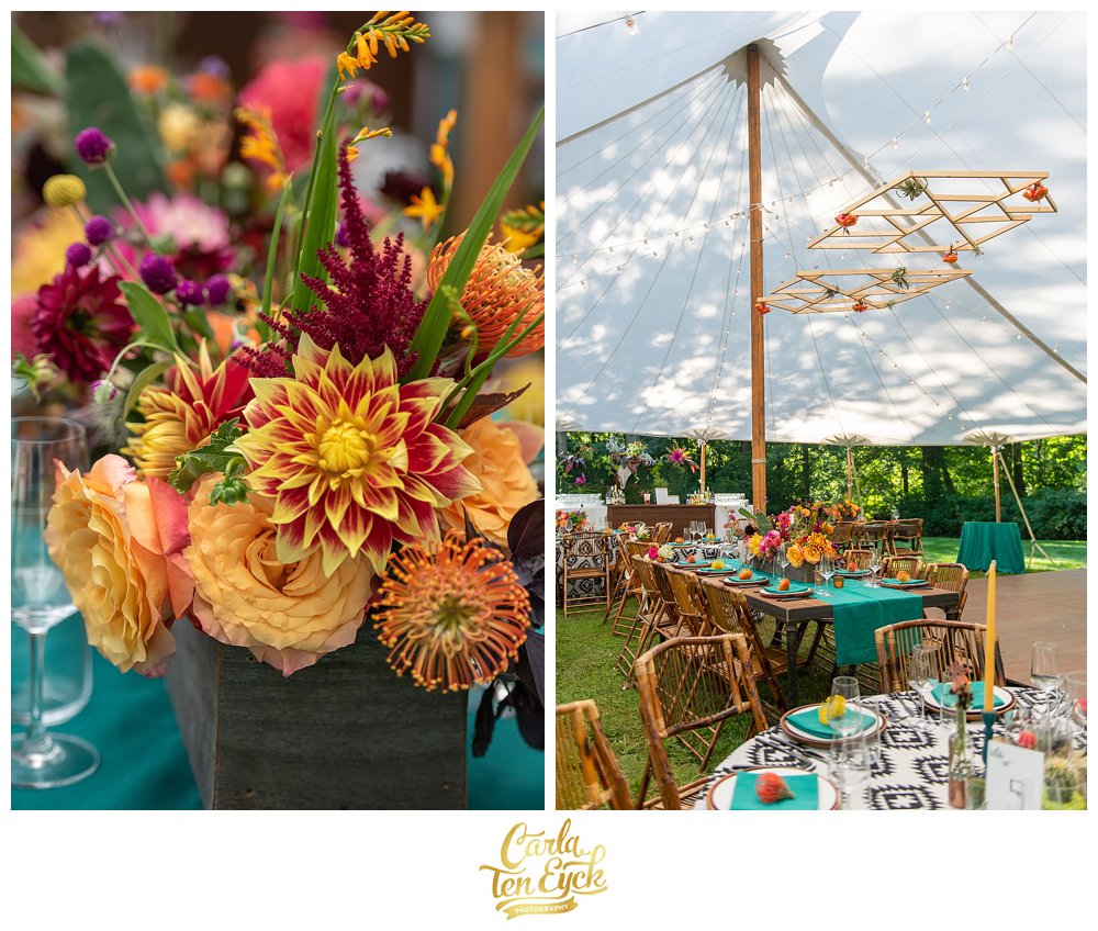 Colorful dahlia wedding flowers in a tent by Carrie Wilcox Floral Design Fairfield CT