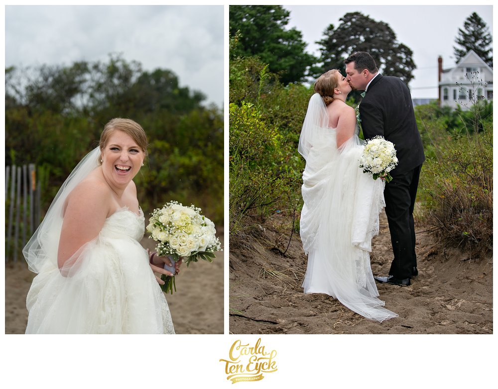Bride laughs on her wedding day on the beach in Lordship CT