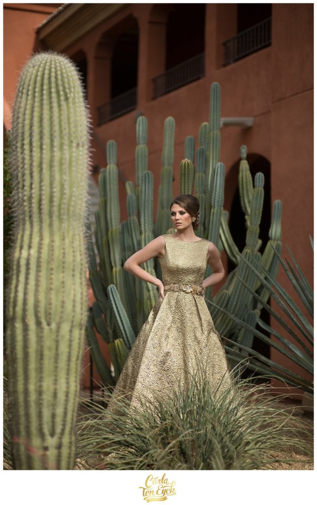 Bride in gold gown at the Montelucia Resort in Scottsdale Arizona