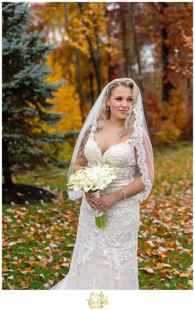 Bride in Stella York wedding gown at her CT autumn wedding at Aria in Prospect CT