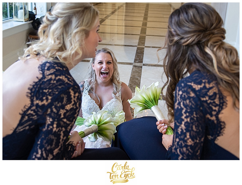Bride laughs at her autumn wedding at Aria in Prospect CT