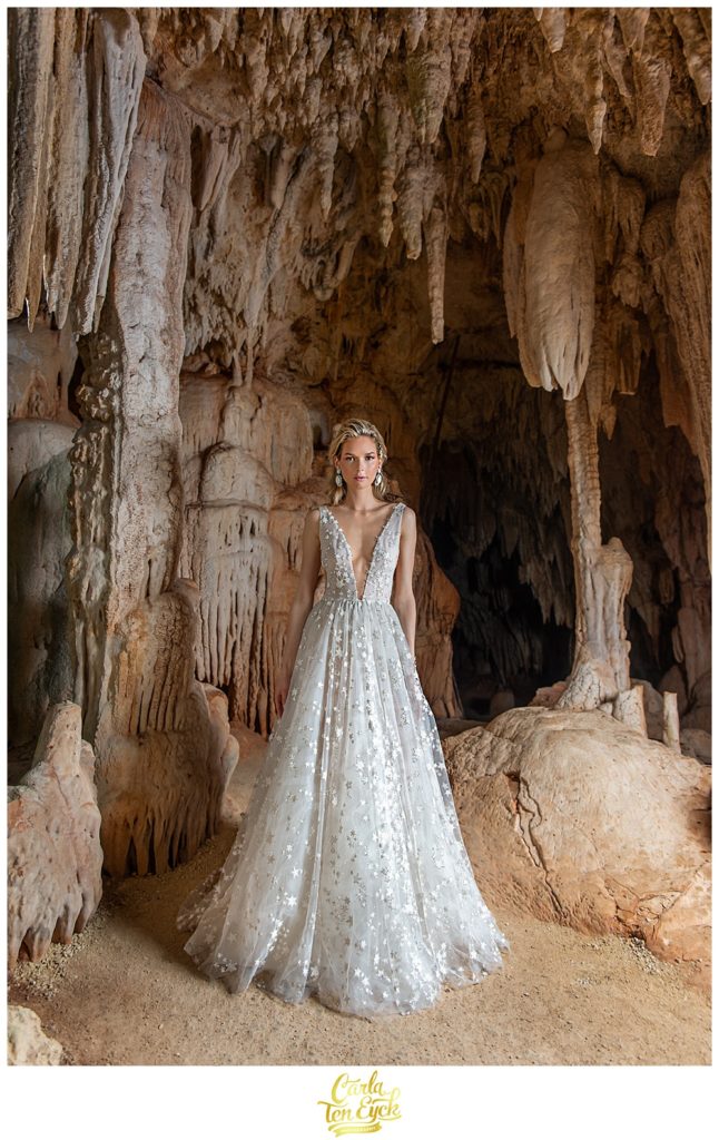 Bride in Galia Lehav wedding gown in the Crystal Caves in Grand Cayman