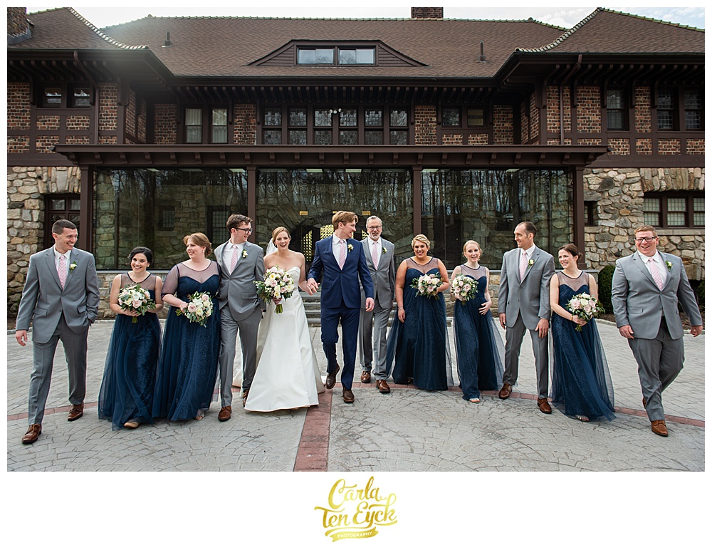 Wedding party in navy and gray at Le Chateau in South Salem NY