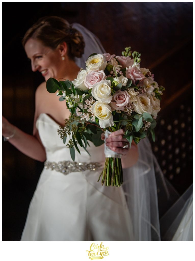 Pink and white rose wedding bouquet by Rita's Floral Touch at Le Chateau in South Salem NY