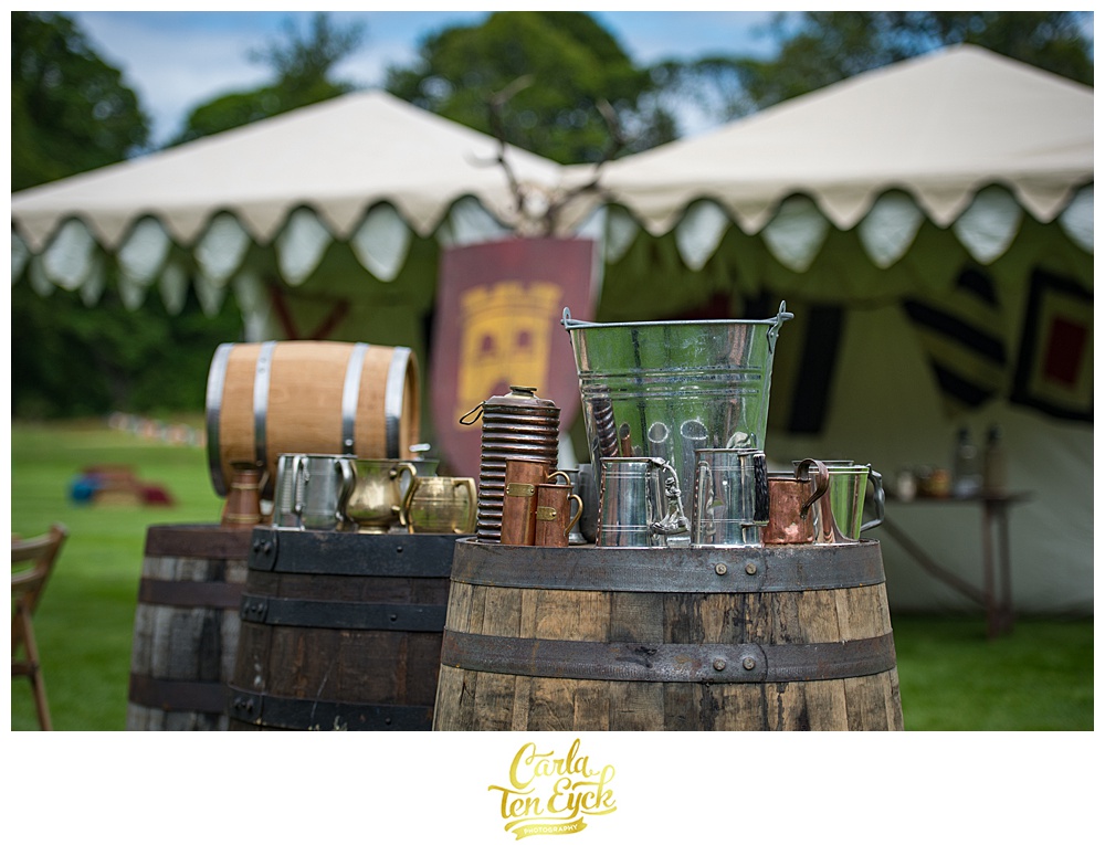 Beer stein bar on barrels at a Highlands Party at Mount Stuart on the Isle of Bute Scotland