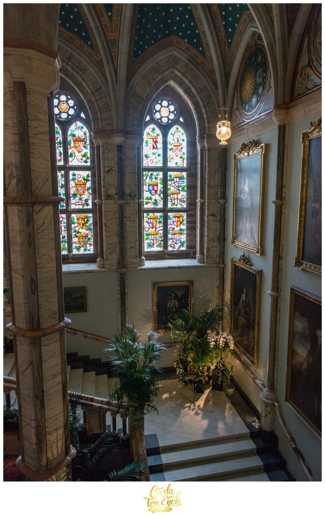 Stairway interior with stained glass at Mount Stuart Castle on the Isle of Bute Scotland