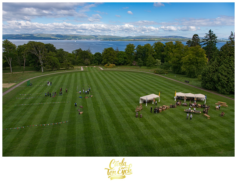 Highland games on the lawn of Mount Stuart Castle on the Isle of Bute Scotland