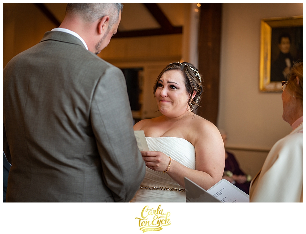 An emotional bride exchanges vows at her wedding ceremony at the Publick House in Sturbridge MA