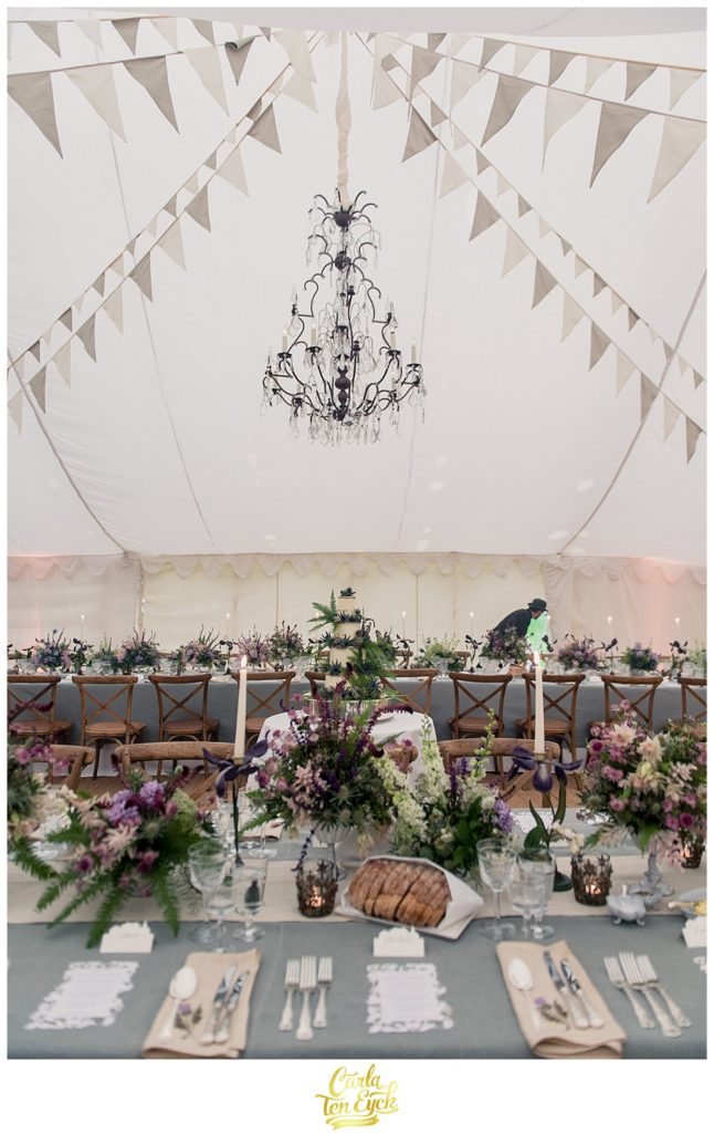 Rustic wedding tent ready for guests to arrive at Mount Stuart on the Isle of Bute Scotland