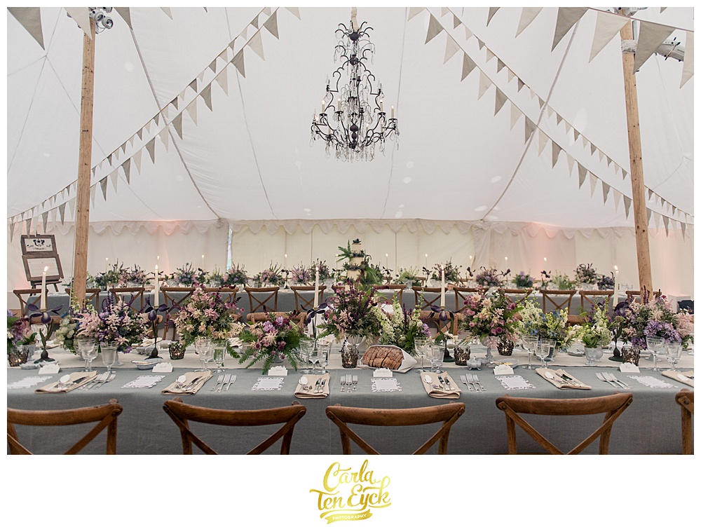 Rustic wedding tent by Sarah Haywood all ready for guests at Mount Stuart in Scotland