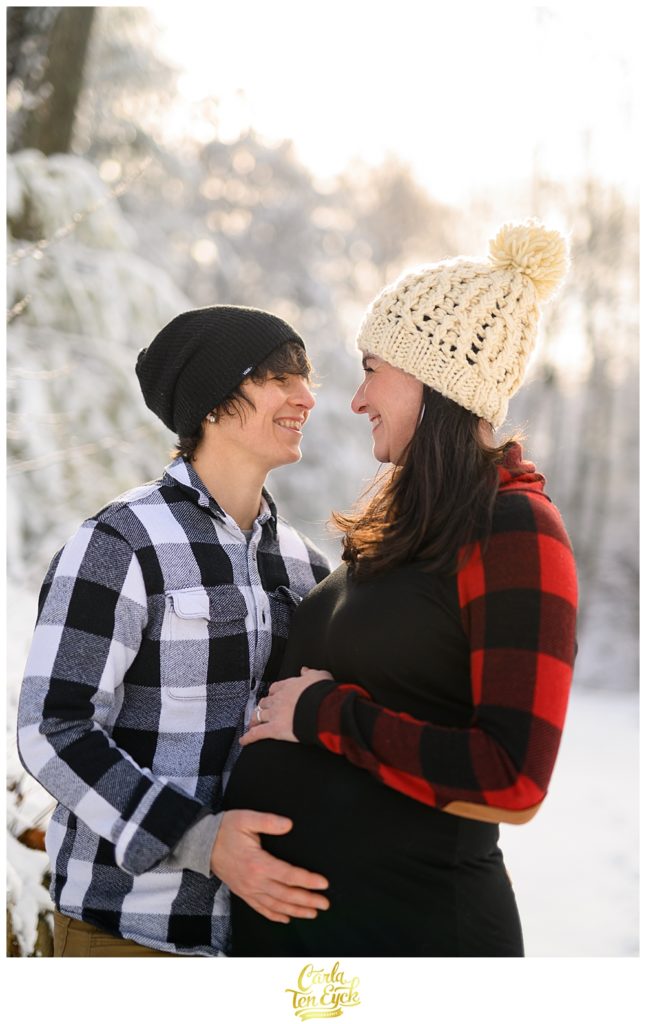 Winter maternity session with Buffalo plaid and tow moms in Manchester CT