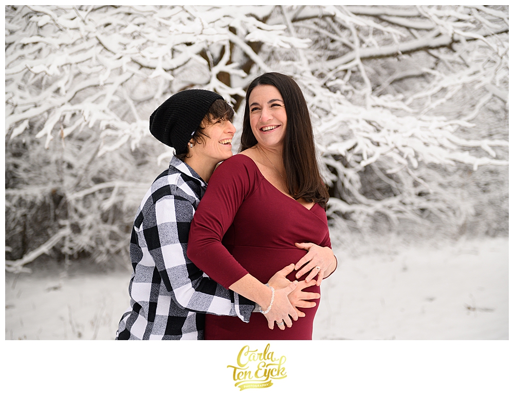 Winter maternity session with Buffalo plaid two moms in Manchester CT