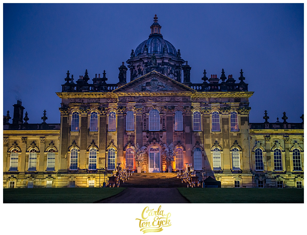 Castle Howard, lit at dusk at a wedding in North Yorkshire England