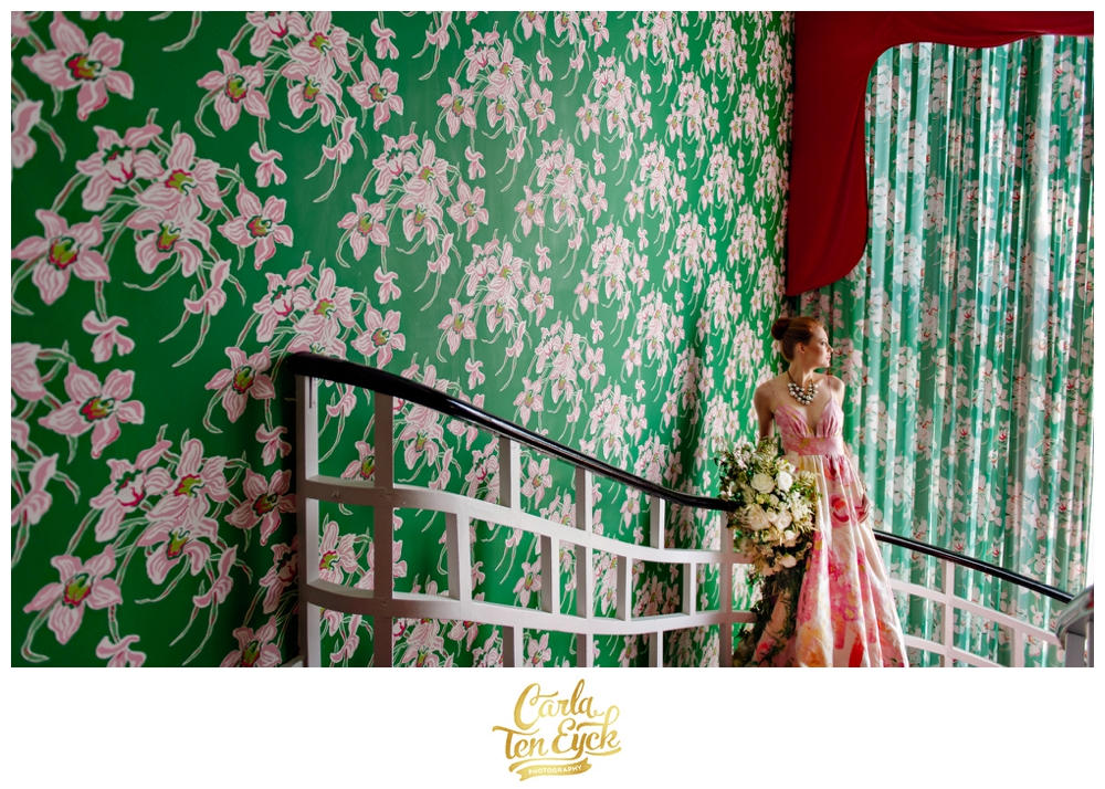 A bride poses in the Presidential Suite at The Greenbrier in West Virginia