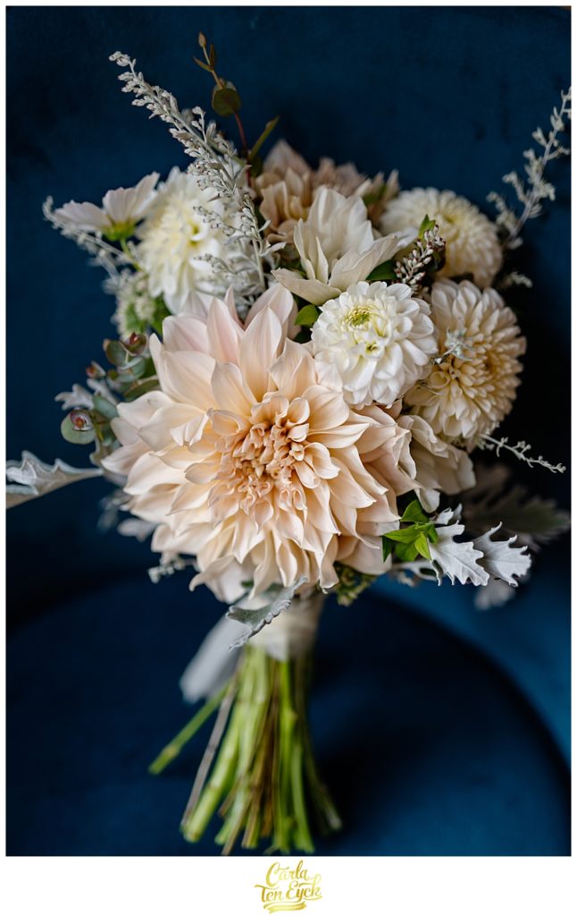 Dahlias in wedding bouquet for intimate back yard wedding in NY