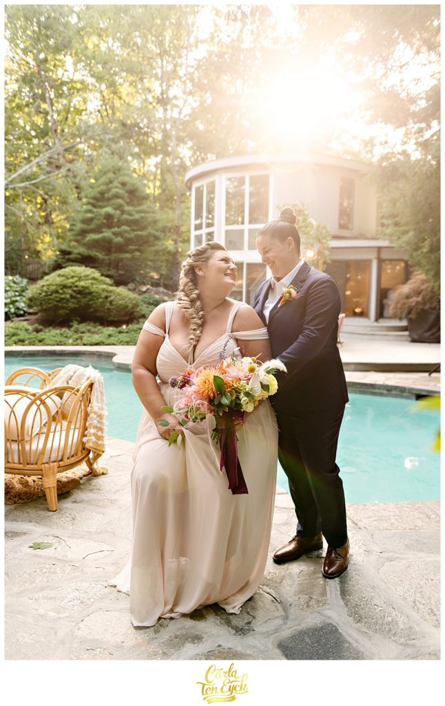 Intimate colorful LGBTQ wedding with two brides during golden hour in Weston CT