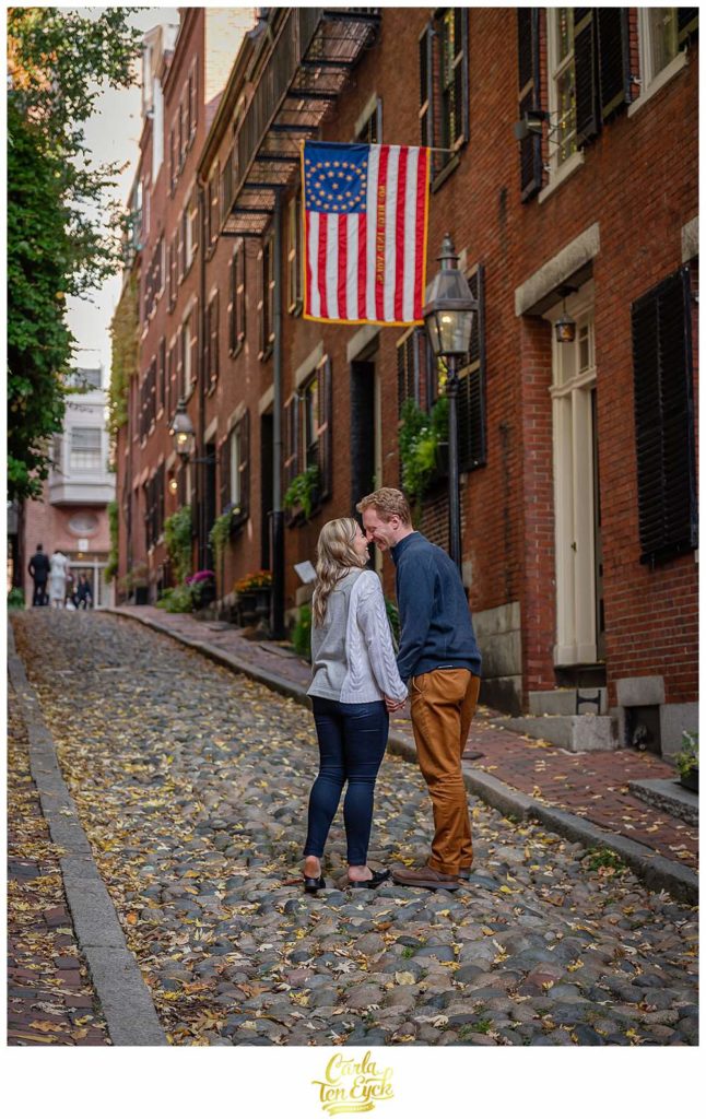 A couple on Acorn Street during their Boston engagement session.