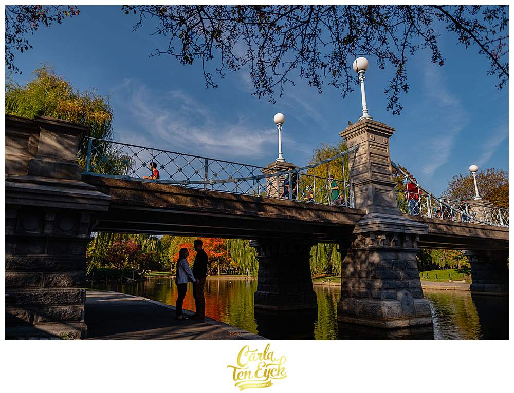 A couple under the bridge in the Boston Public Gardens during their Boston engagement session