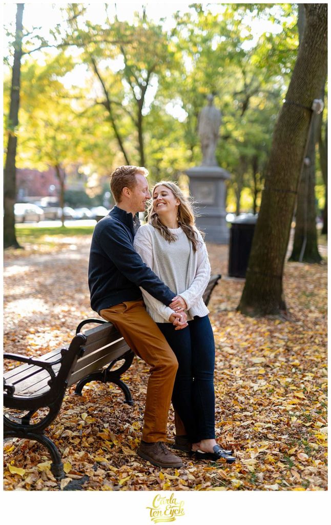 A couple in the fall during their Boston engagement session