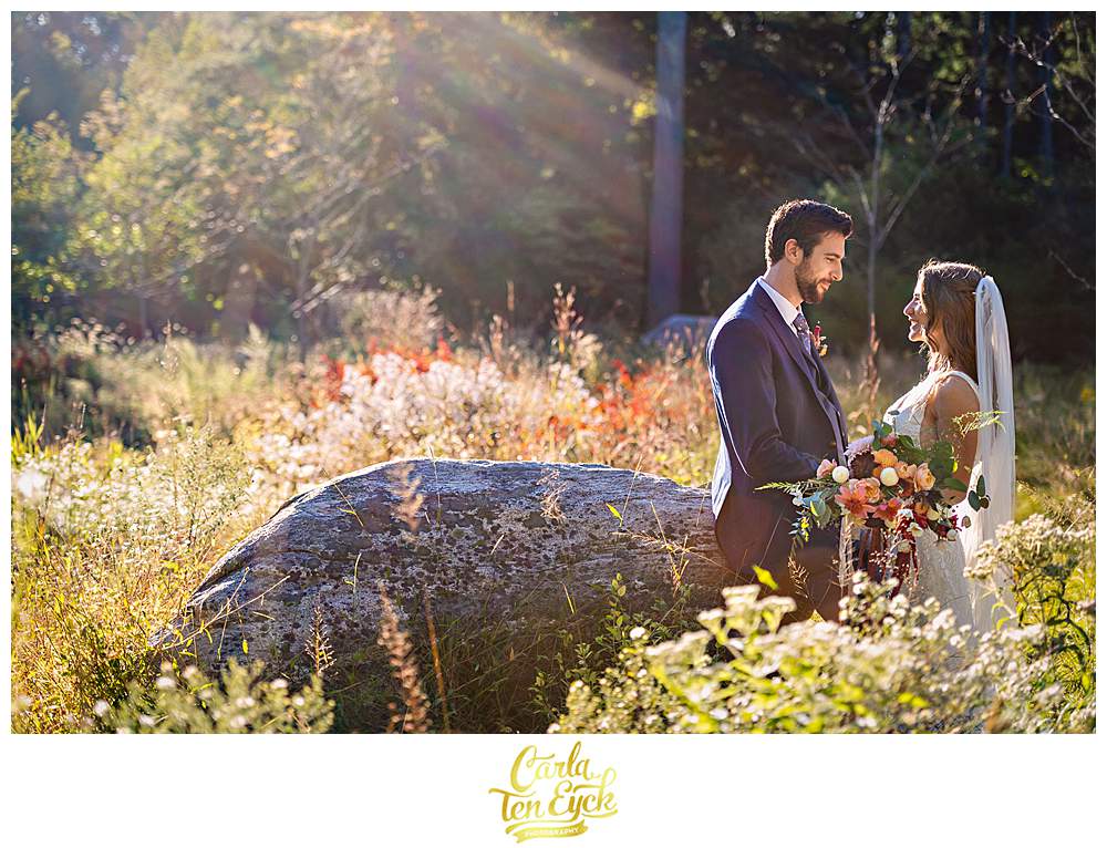 A bride and groom look at each other in a field during their intimate wedding at The Chatfield Hollow Inn in Killingworth CT