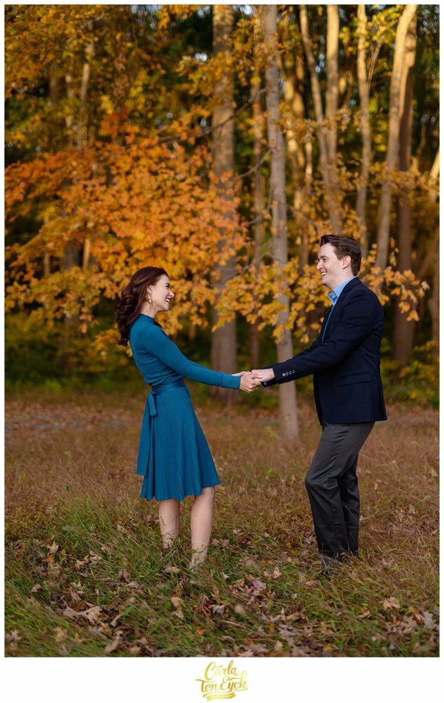 A couple during their engagement session at Smith Farm Gardens in East Haddam CT