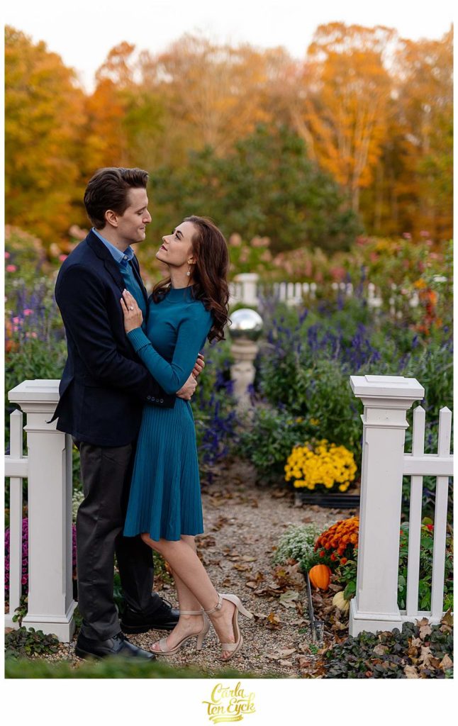 A couple during their engagement session at Smith Farm Gardens in East Haddam CT