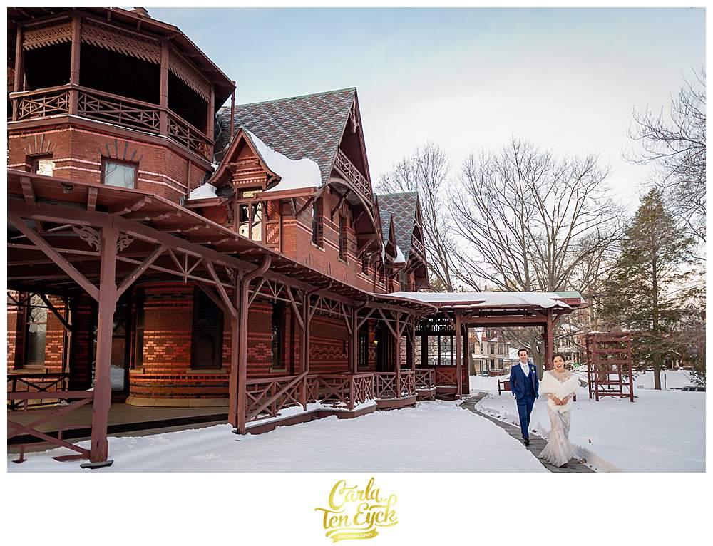A bride and groom on their winter wedding day at the Mark Twain House in Hartford CT