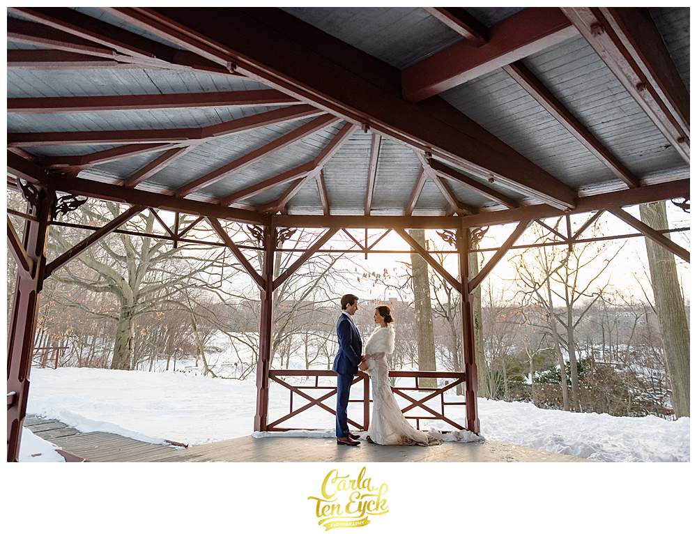 A bride and groom during their winter wedding at the Mark Twain House in Hartford CT