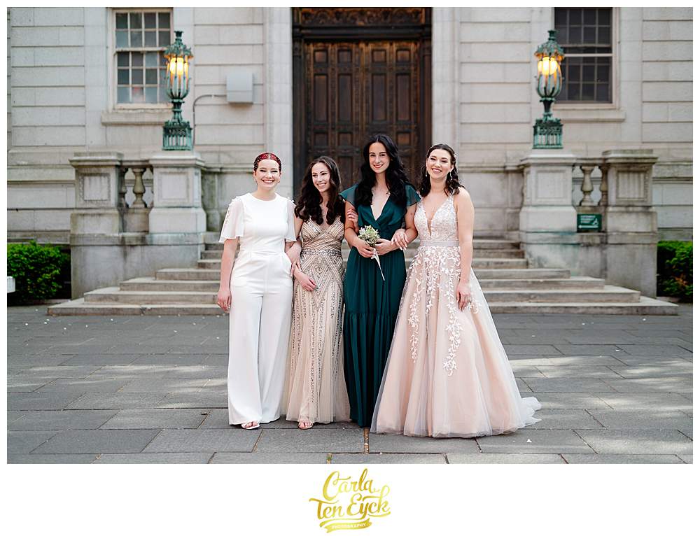 The girls pose for downtown Hartford prom photos outside of Hartford City Hall in Hartford CT