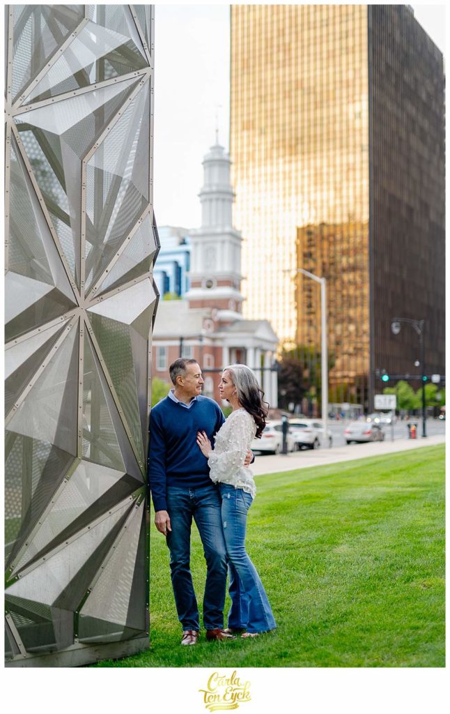 A couple poses for photos during their downtown Hartford engagement session, Hartford CT