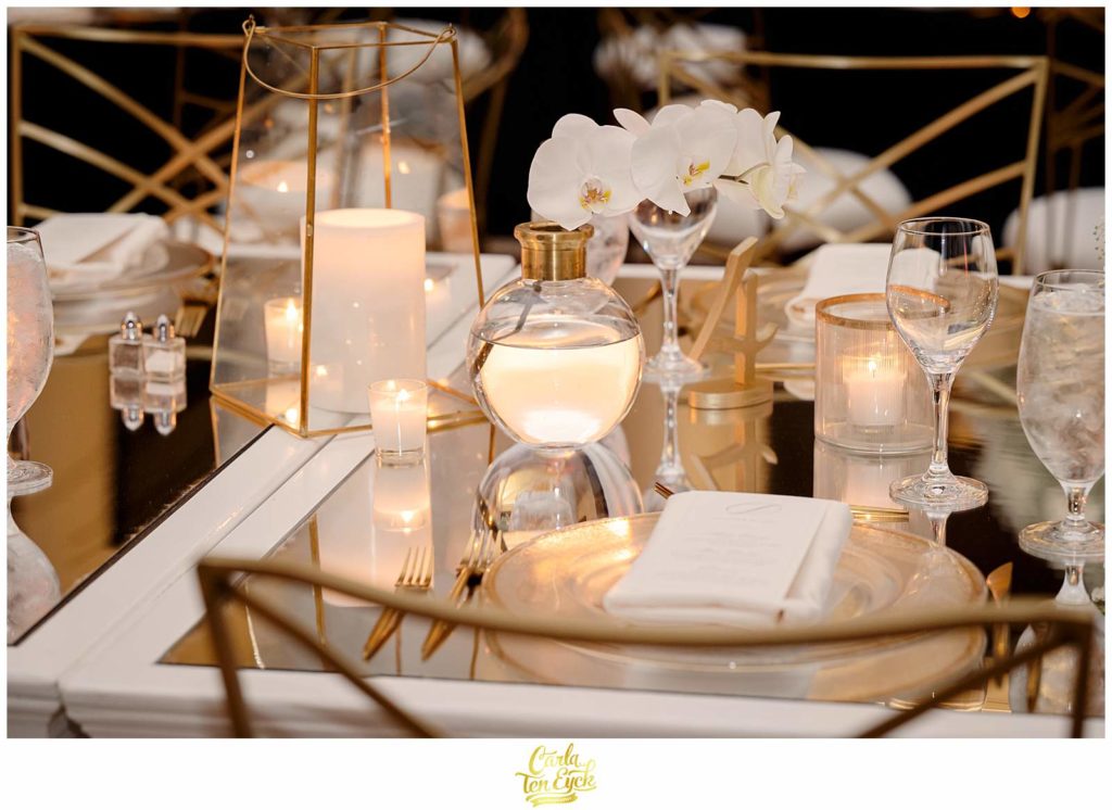 Beautiful white flowers adorn a table at a Goodwin Hotel wedding in Hartford CT