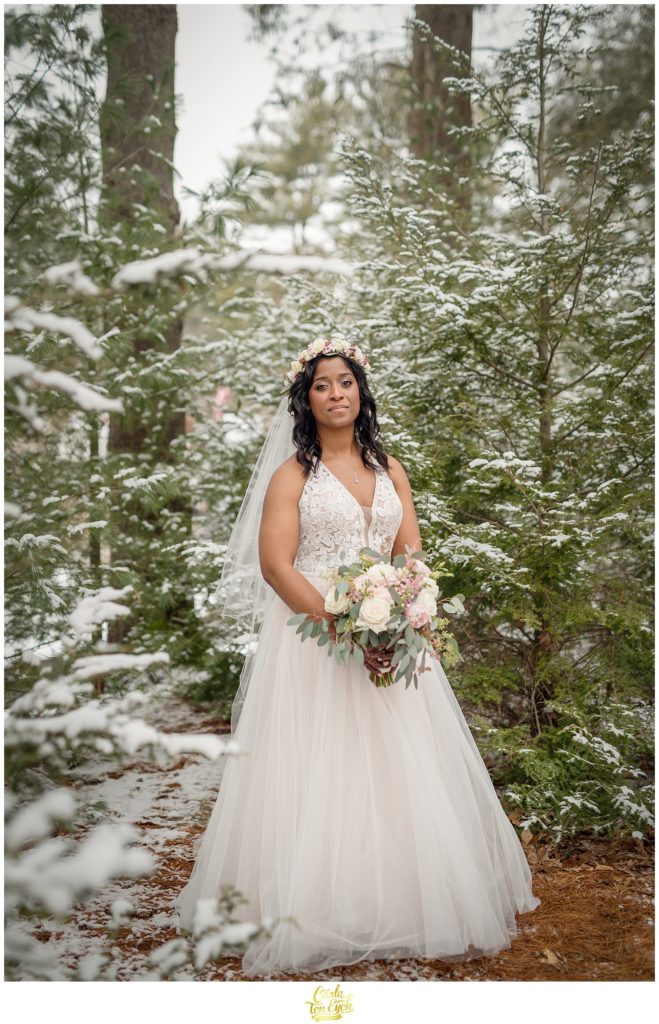  A stunning bride stands in a snowy forest for her photos during her wedding at The Pavilion at Crystal Lake in Middletown, CT