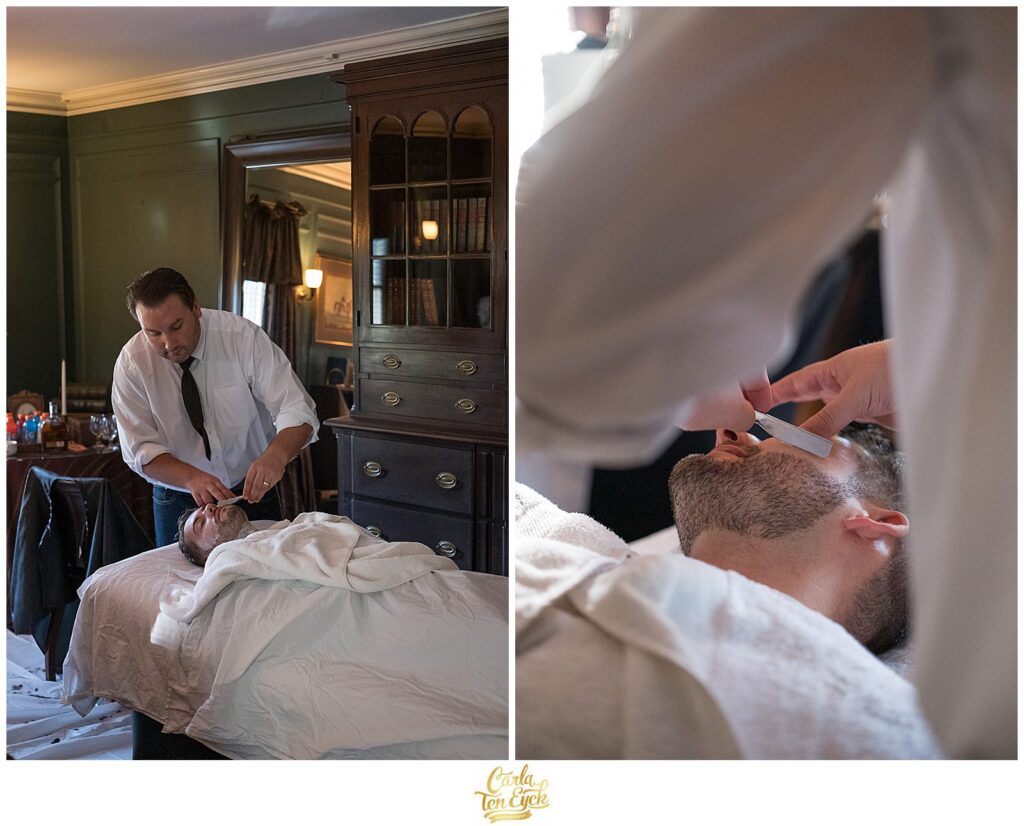 A groom gets a fresh shave for his wedding at Lord Thompson Manor in Thompson CT