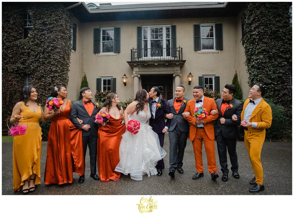 A colorful wedding party at a colorful wedding at Lord Thompson Manor in Thompson CT