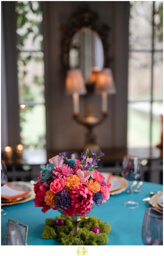 Colorful centerpieces at a colorful wedding at Lord Thompson Manor in Thompson CT
