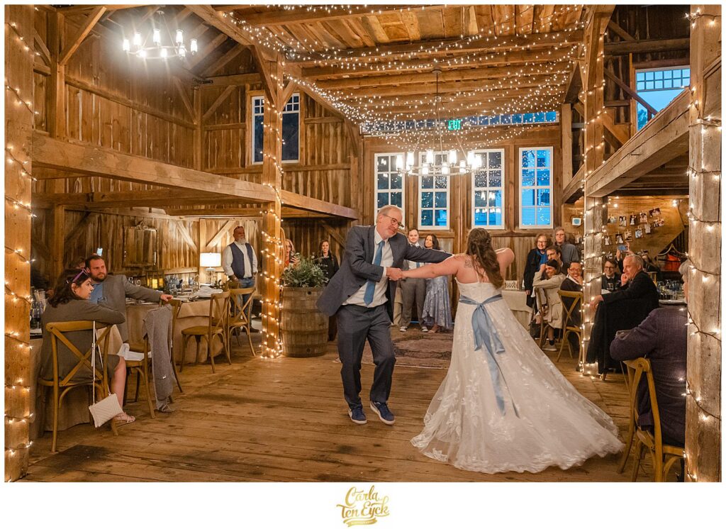 Parent dances during a wedding at Pinecroft Estate a beautiful barn venue in Thompson CT