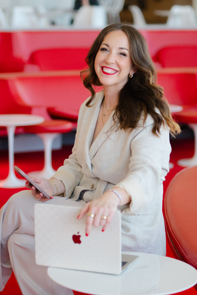 On location headshot photographer Carla Ten Eyck photographs marketing consultant Carla Giorgio at the iconic TWA Hotel in NYC