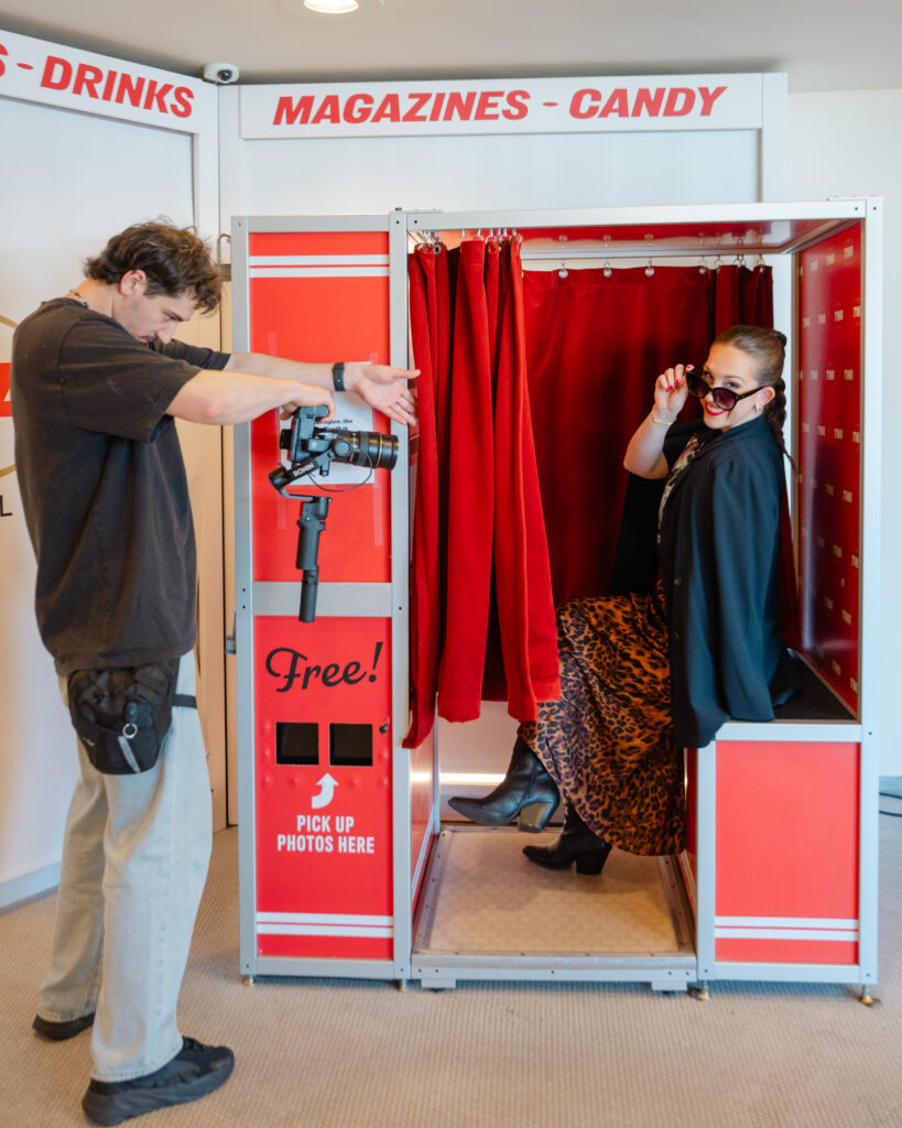 Content creator Jackson Ten Eyck films a branding video for Carla Giorgio, a Marketing Consultant during her on location branding session at the iconic TWA Hotel in NYC